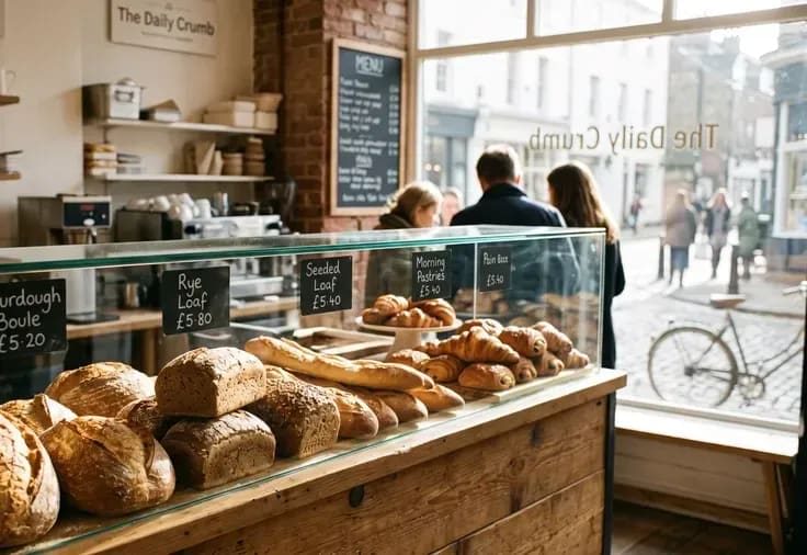 Bakery counter with the morning&rsquo;s loaves priced along the glass