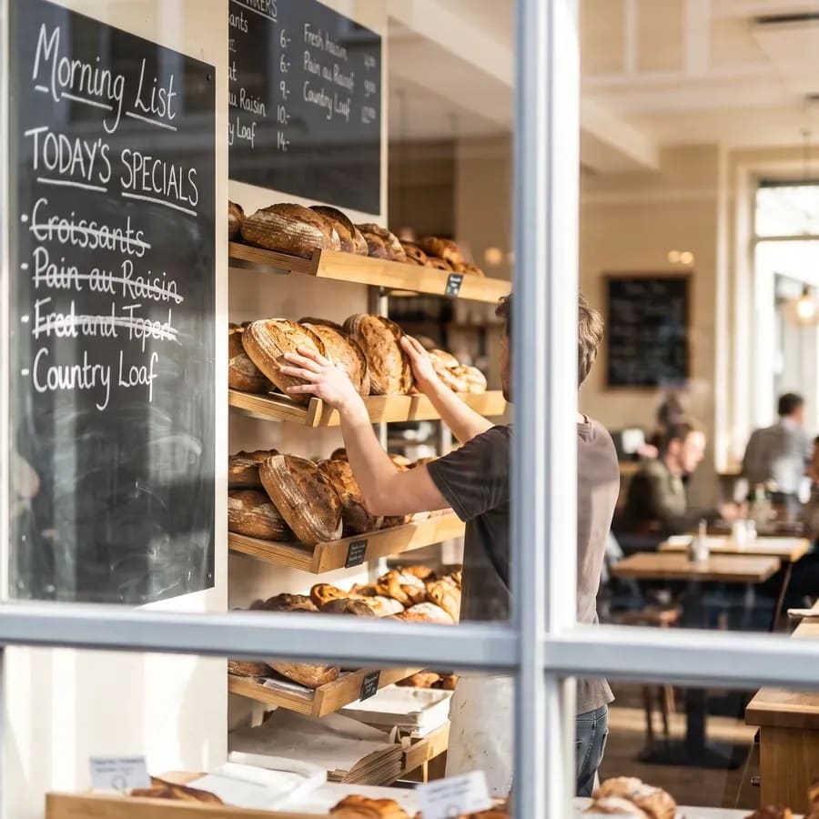 Bakery shelves being restocked as the morning list is written up