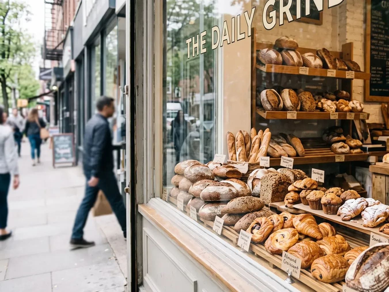 Bakery window stacked with loaves and pastries