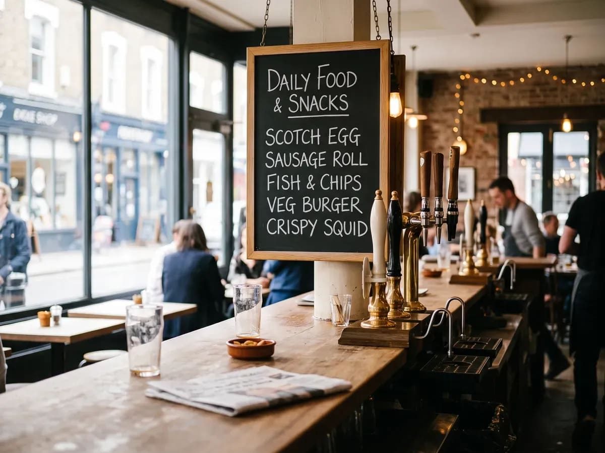 Bar room where the short food list is chalked up beside the taps