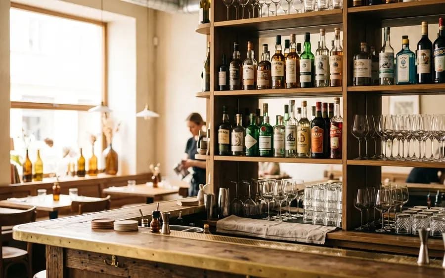 Bar shelves and glassware set before opening