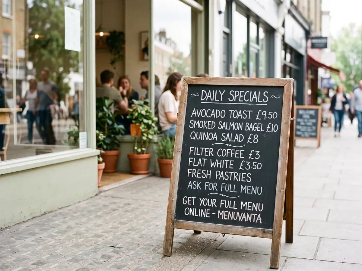 Chalkboard menu written up outside a café