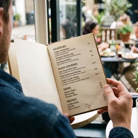 Close view of a menu page listing dishes