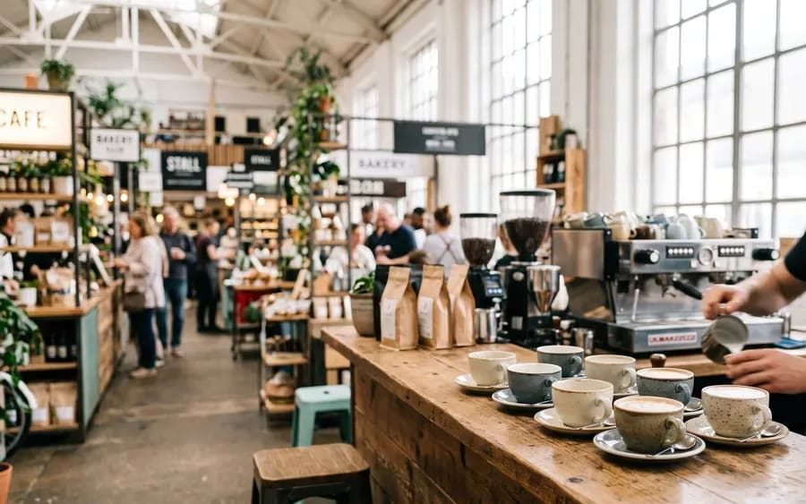 Coffee counter with cups lined up for service