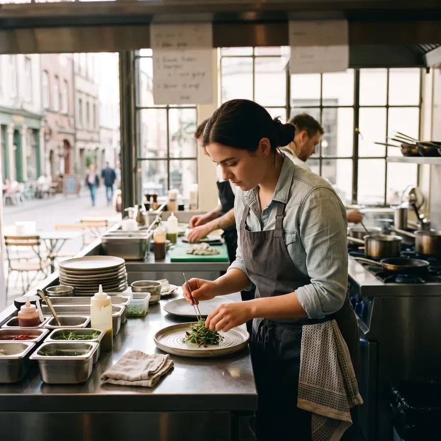 Cook plating an order at the pass during service