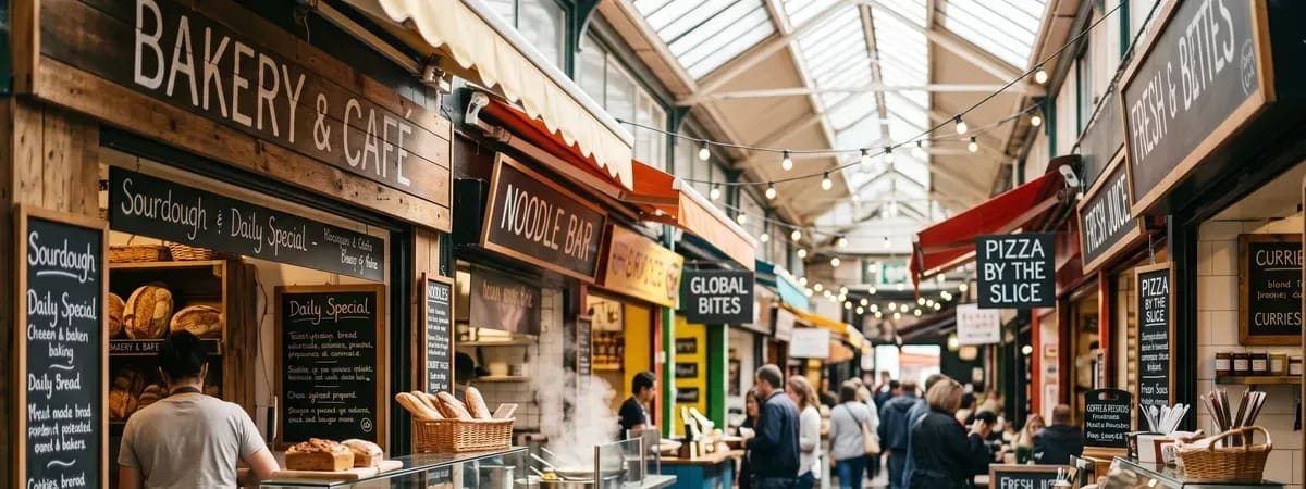 Covered market lane lined with food stalls and hand-written boards