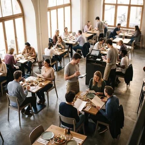 Dining room seen from above while orders are taken table by table