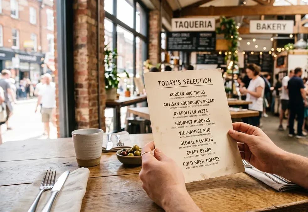 Hands holding a folded menu at a table