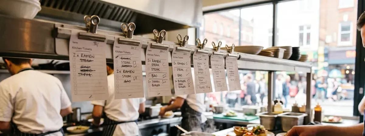 Kitchen pass during service with tickets clipped above