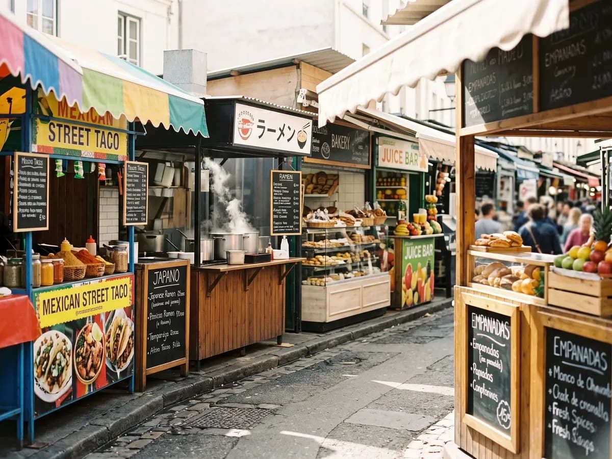 Market street of small food stalls trading through the afternoon
