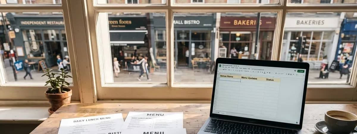 Menu sheets and a laptop spread across a table before service