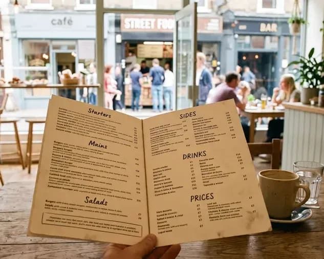 Open menu card showing full sections and dish names