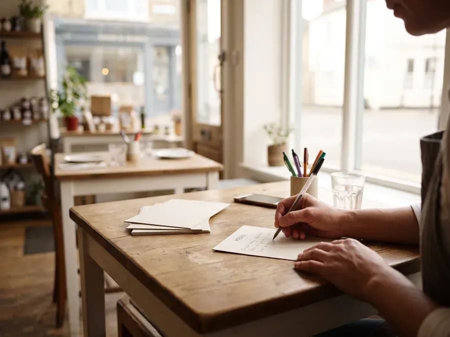 Owner writing an updated card at a quiet table before opening