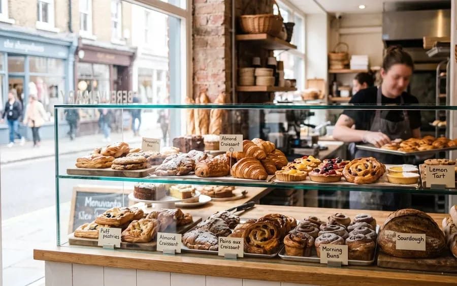 Pastry counter behind glass at a small bakery