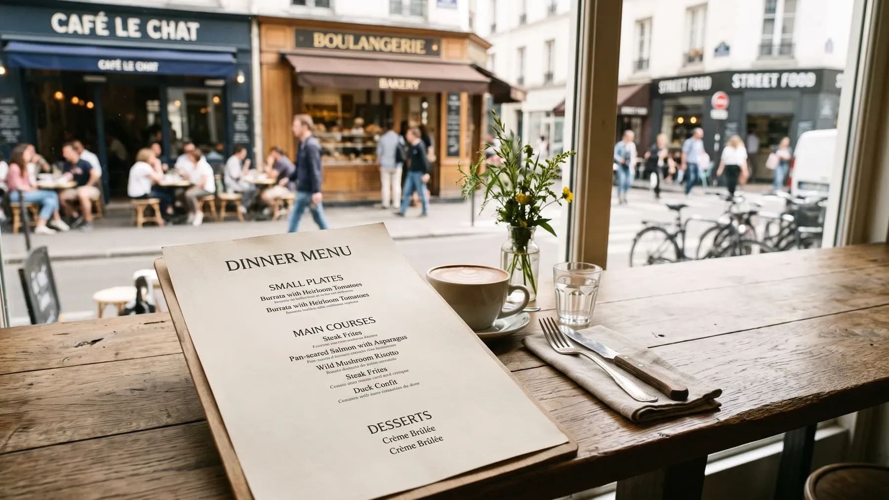 Printed dinner menu open on a café table