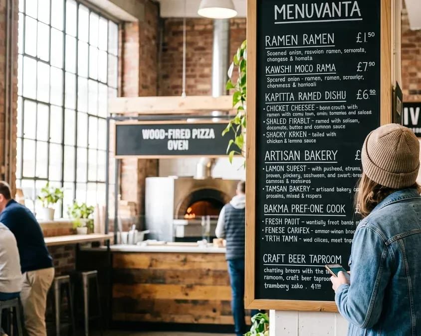 Someone reading a long menu board before ordering