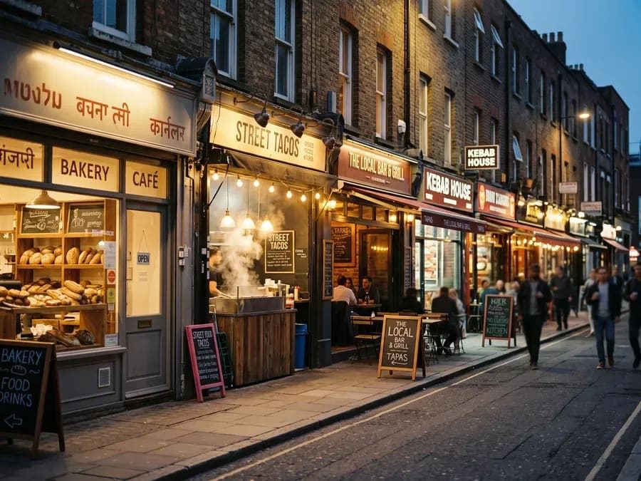 Street of small food places lit up for the evening trade