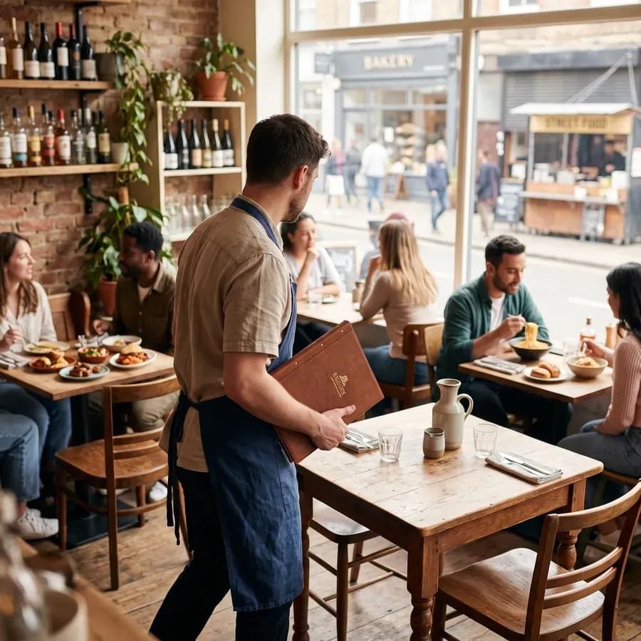 Waiter carrying a bound menu to a corner table