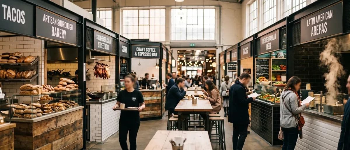 Wide food hall filled with different counters